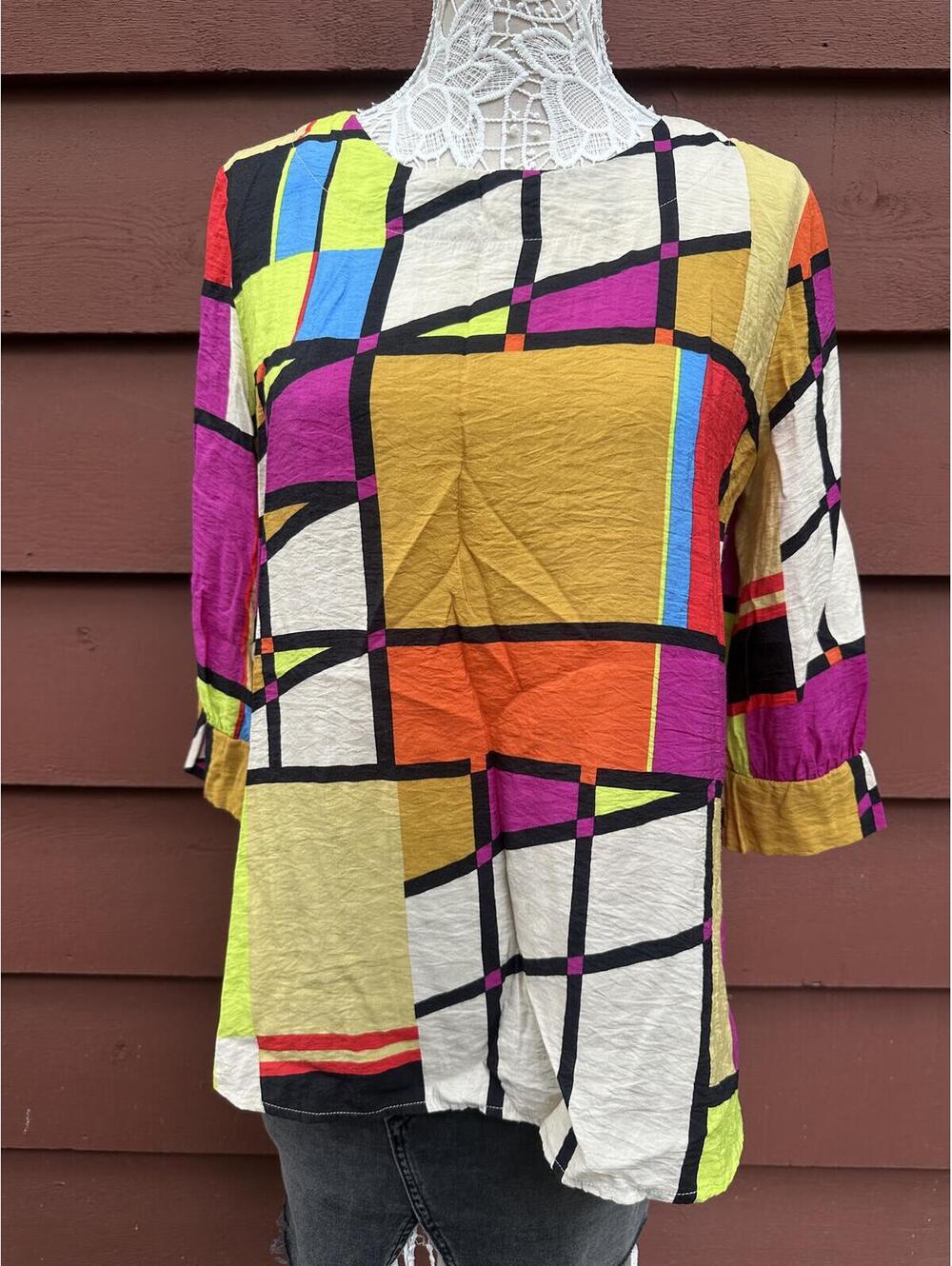 Yushi Multicolor Abstract Geometric Patchwork Top with 3/4 Sleeves Y2K Retro